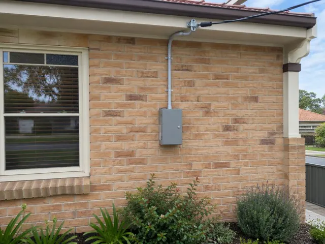 Brick house exterior with overhead service cable and wall-mounted point-of-attachment bracket in New Lambton