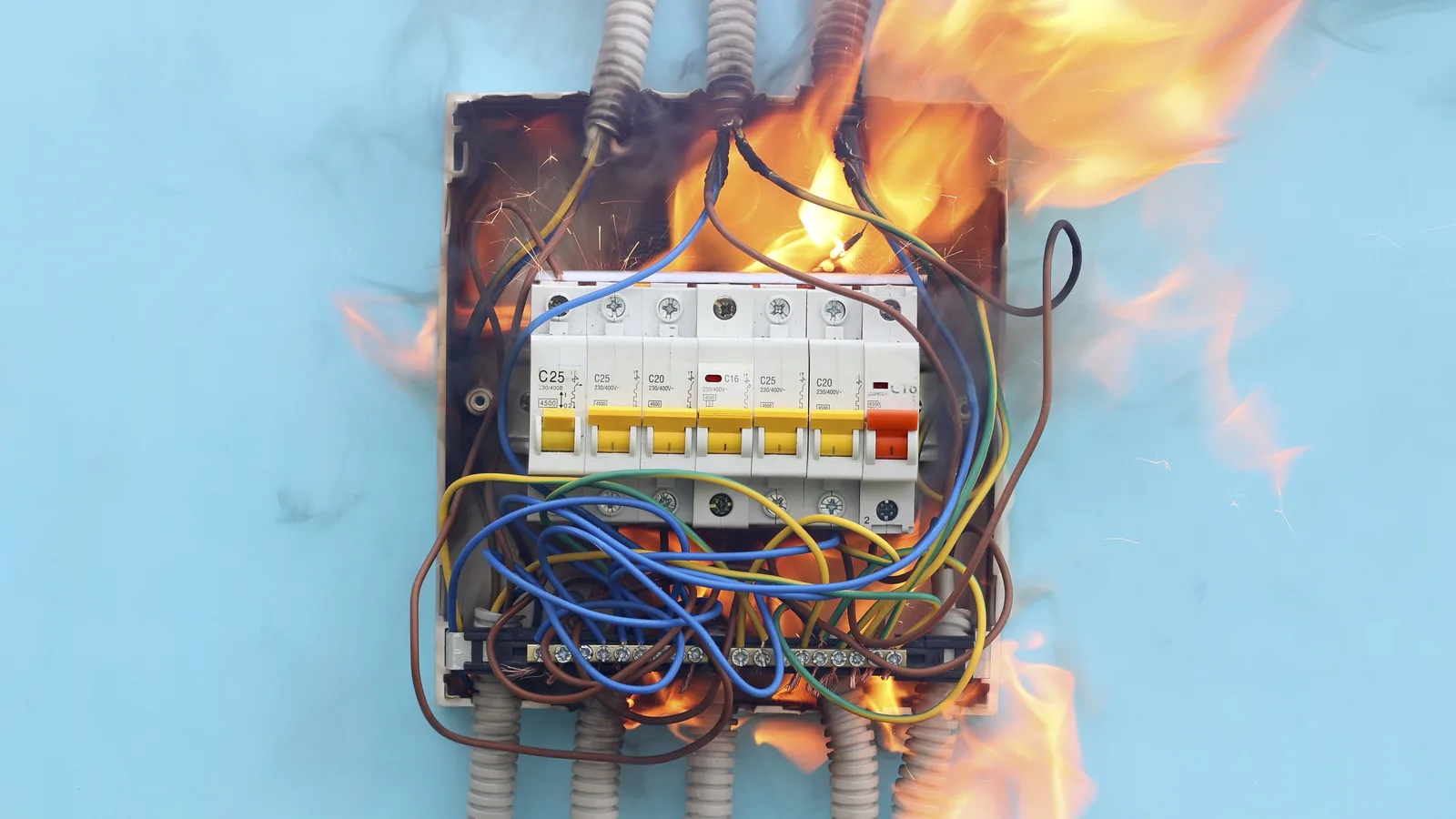 Burnt-out switchboard after an electrical fault
